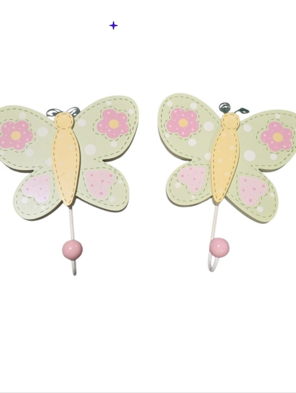 Vintage Heavy Wood Butterfly Wall Hooks for Kids - Pastel Green & Pink